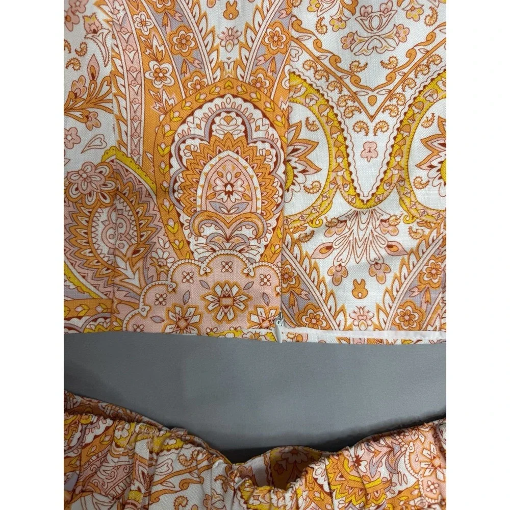 Mulla Linen Paisley Crop Top and Shorts Set L Orange White W/Belt Lined Party